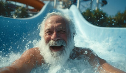 An elderly man enjoys a fun moment on a water slide, splashing in water with a joyful smile, capturing the essence of carefree happiness.