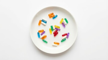 Colorful medicinal capsules scattered on a white plate