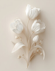 Elegant beige floral composition with detailed white tulip petals and soft minimal botanical design on neutral background
