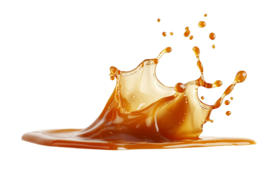 Dynamic caramel sauce splash frozen in time against a transparent background
