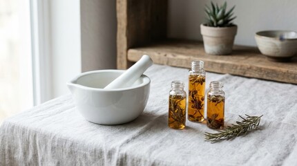 White mortar and pestle with herbal oils in glass bottles