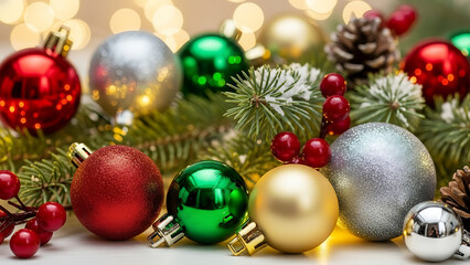 Obraz premium A festive arrangement of christmas ornaments with pine branches and decorative berries displayed