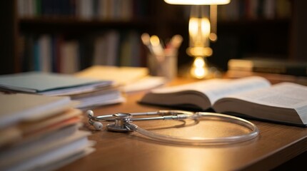 Stethoscope and books on a desk with a warm lamp