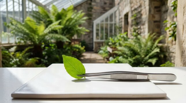 Tweezers holding a single green leaf in a garden setting