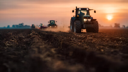 Fototapeta premium Tractors plowing a field at sunset, showcasing agricultural technology and the beauty of rural landscapes.