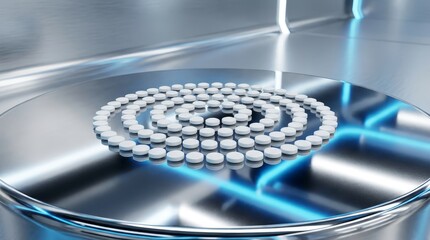 White circular pills arranged in a spiral pattern on a shiny surface