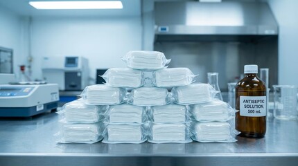 Stack of sterile medical supplies in clean room packaging