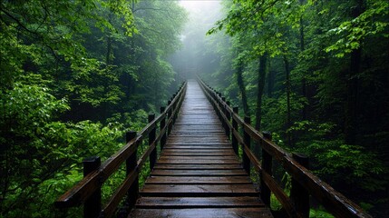 Fototapeta premium A wooden bridge stretches through a dense, green forest, shrouded in morning fog, creating a serene and mysterious atmosphere.