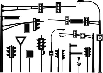 Traffic lights and road signs silhouette collection, urban street signal set, transportation safety illustration, city intersection control vector design for traffic management elements © MEHEDI