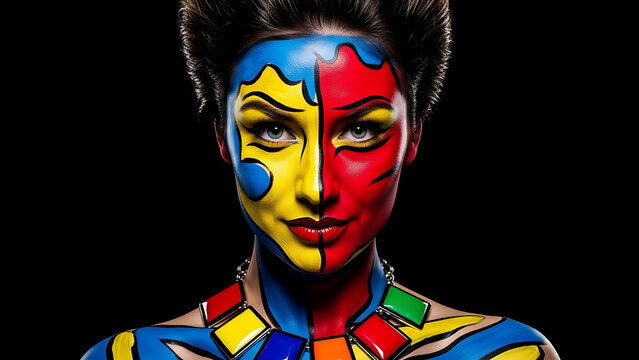 Close up of a woman with colorful pop art style face and body paint against black background - Powered by Adobe