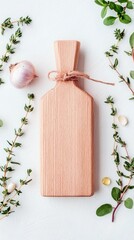 Overhead shot of a wooden cutting board with fresh herbs and garlic cloves arranged on a white surface.