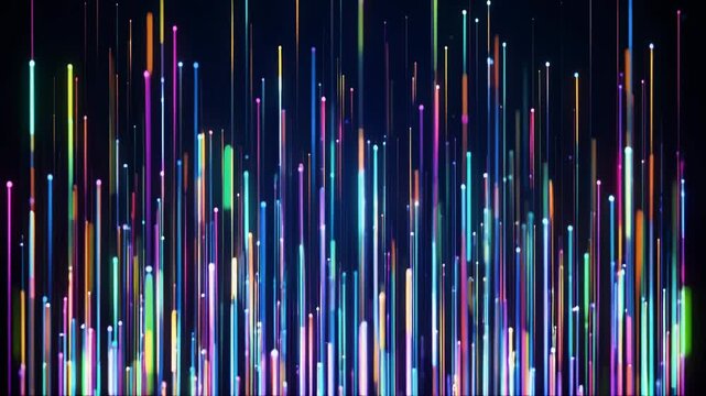Vibrant digital data streams ascend against a dark background abstract animation showing colorful lines and glowing dots symbolizing technology and network connections in a futuristic concept