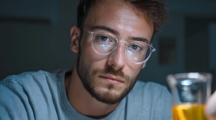 A man with glasses looks intently at a glass of amber liquid in dim light