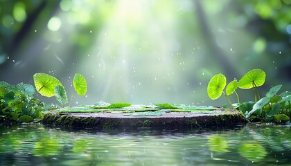 A wooden platform with green plants floating on water in a forest, illuminated by sunlight. The scene evokes a sense of tranquility and natural beauty.