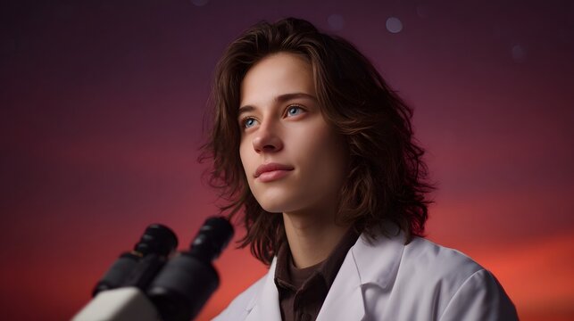 Young scientist gazes towards a dramatic sunset sky with a microscope nearby embodying scientific curiosity - Powered by Adobe