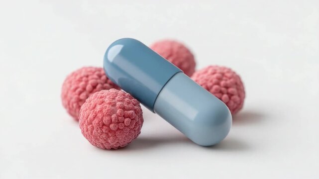 Blue Capsule Surrounded by Pink Microbial Spheres on a Clean Surface for Medical and Scientific Concepts 4k video footage