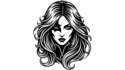 Intricate black and white illustration of a woman's face, with flowing hair.