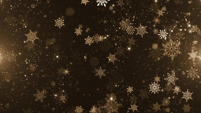 Luxury golden Christmas background with glittering gold particles, shimmering bokeh light, shiny stars and festive snowflakes gently falling.