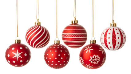 A festive collection of red and white Christmas ornaments featuring elegant stripes, polka dots, stars, and snowflake patterns, captured as high-quality isolated PNG decorations