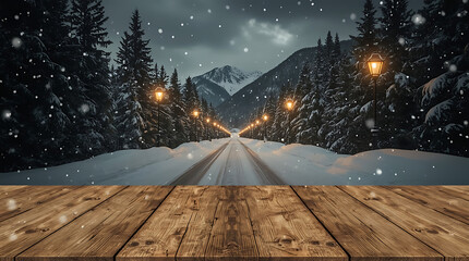 Enchanting winter wonderland with snow-covered road, illuminated by vintage streetlights, inviting warmth, perfect for holiday scenes and cozy winter promotions