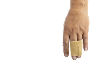 Close-up of a human hand with a beige elastic bandage wrapped around the middle and ring fingers, isolated on a white background.