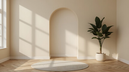 Sunlit modern interior with arched doorway, herringbone wood floor, and potted plant, perfect for showcasing minimalist design and serene home inspiration