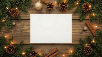 Cozy Christmas mockup featuring pine cones, cinnamon sticks and twinkling lights for holiday cards or invitations, perfect for crafting festive cheer