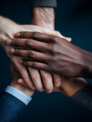Fototapeta premium Diverse hands unite, symbolizing collaboration, teamwork, and unity in a professional setting. Together we achieve more.