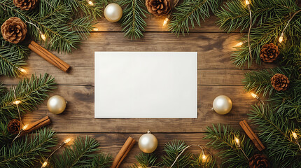 Festive Christmas card mockup with cozy holiday decorations like pine branches, pinecones, cinnamon sticks, and twinkling lights to add your holiday wishes