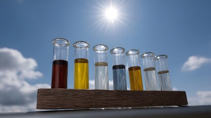 Arrangement of test tubes filled with various colored liquids set outdoors under a brilliant midday sun and clear blue sky