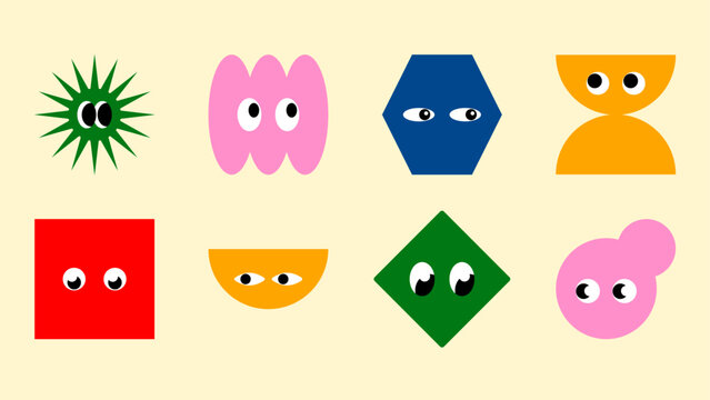 Naklejki Playful sticker pack of geometric shapes with cute eyes on a white background. Kawaii emotions, bold lines and fun mascot vibes, perfect for printing.