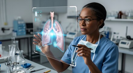 Black woman doctor using AI screen to analyze human lungs in a laboratory