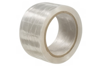 Clear packing tape roll with adhesive backing on a transparent background, ready for shipping and packaging tasks
