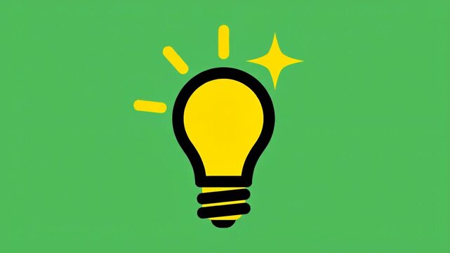 Bright yellow glowing light bulb icon illustration on a solid green background