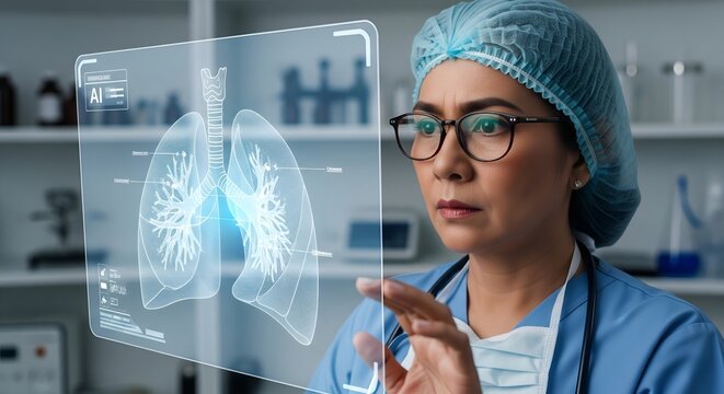 Asian doctor using AI augmented reality screen to analyze lungs diagnosis