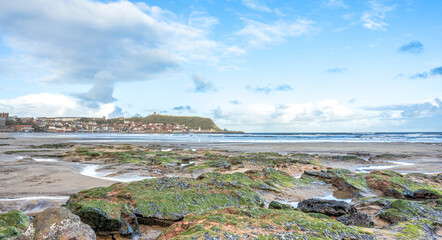 Panorama of a seaside beach with a town surmounted by a hill and a castle are in the far distance. Rocks covered by seaweed are in the foreground and a sky with cloud is above.