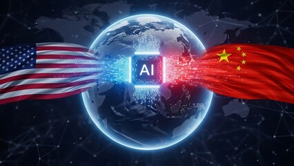 AI Technology Competition Between USA and China on Global Scale Depicting Technological Advancement and World Power with Digital Networks and Futuristic Data Flow