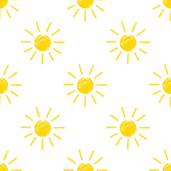 Seamless sun pattern crayon pencil hand drawn chalk doodle. Chalk sunshine, twinkle, rays, happy, decorative symbols in sketch style. Vector texture illustration on white background.