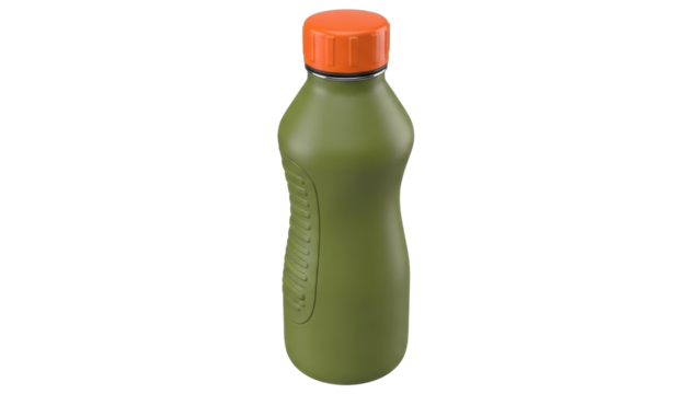 Isolated olive green water bottle with orange cap, modern reusable drinkware for active lifestyle