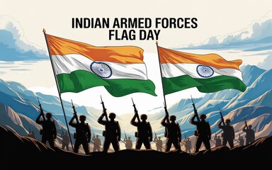 Soldier silhouettes with rifles and waving Indian flags in mountain backdrop.