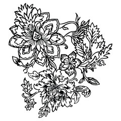 Intricate floral line art with detailed petals and leaves for elegant decorative design