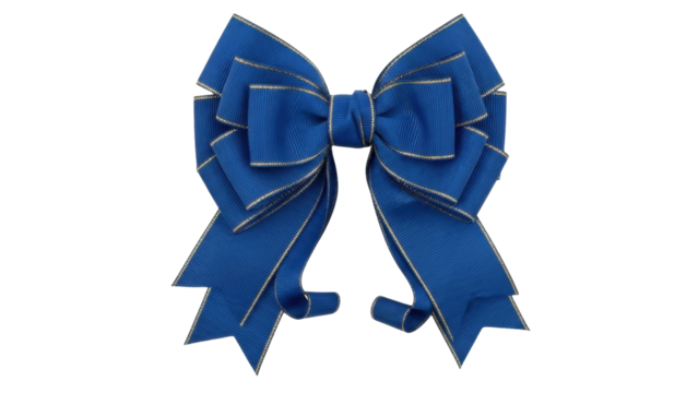 Isolated Decorative dark blue ribbon bow with gold trim, tied and shaped into a festive design