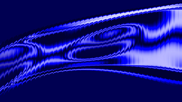 Abstract blue ribbed glass background with glowing digital liquid wave pattern