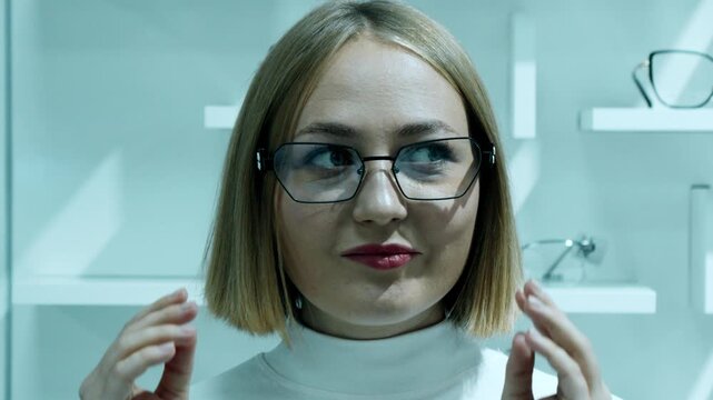 Young woman tries on a pair of corrective glasses in an optical store
