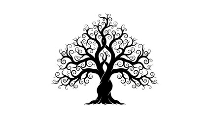Obraz premium Silhouette of a decorative tree with swirling branches and a thick twisted trunk on a white background