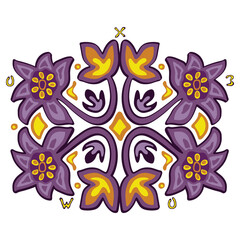 Ornate purple and yellow floral mandala pattern with symmetrical decorative flower design