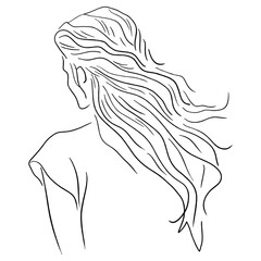 Minimal line art woman with flowing long hair from back view elegant feminine outline illustration