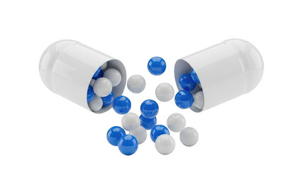 Open capsule spilling blue and white pills isolated on transparent background
