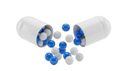 Open capsule spilling blue and white pills isolated on transparent background