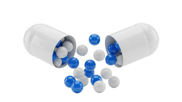 Open capsule spilling blue and white pills isolated on transparent background